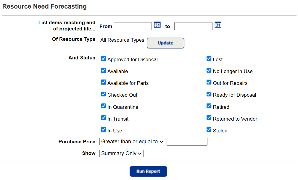 Resource need forecasting report setup page.